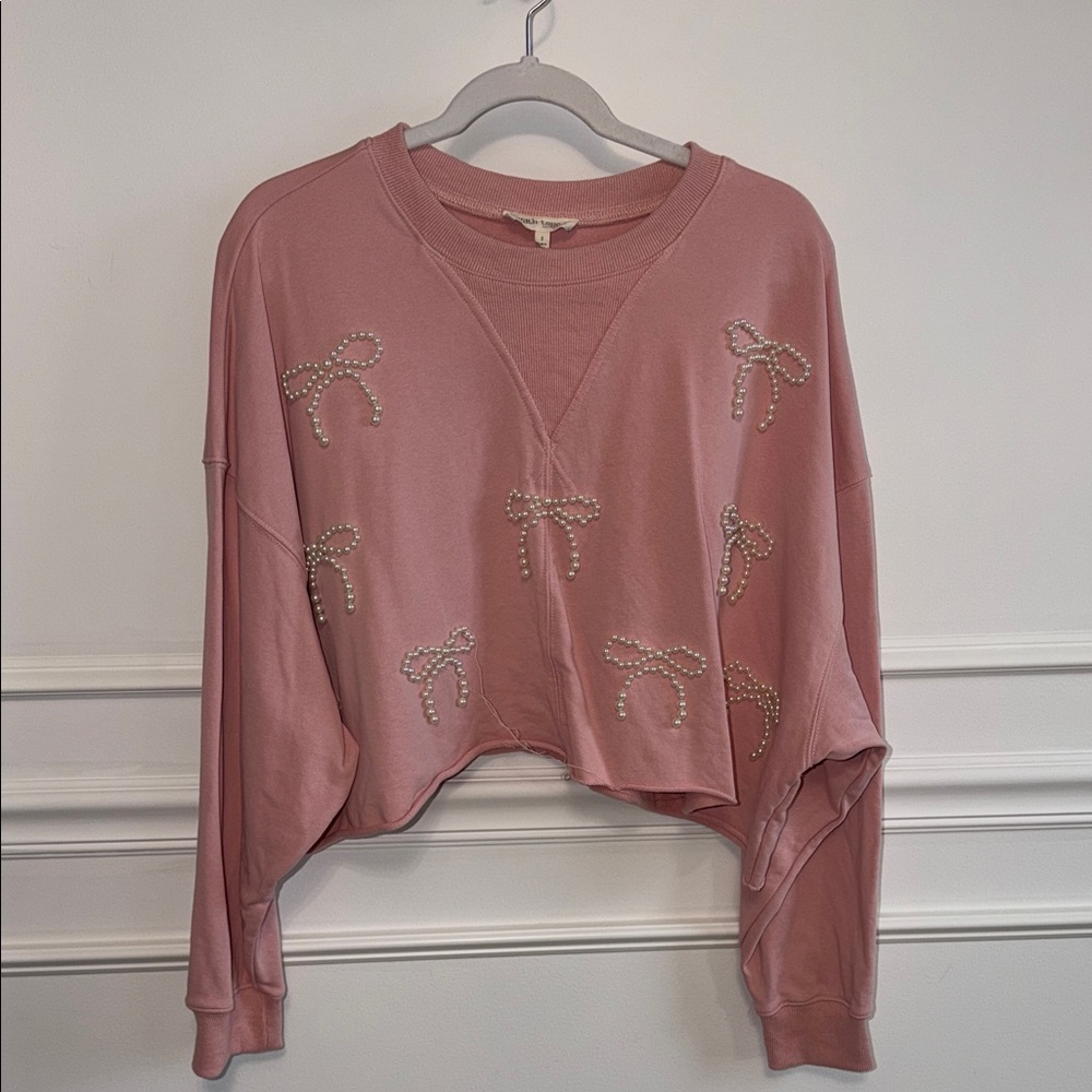 Peach Love California Pearl Bow Cropped Sweatshirt - Dusty Rose